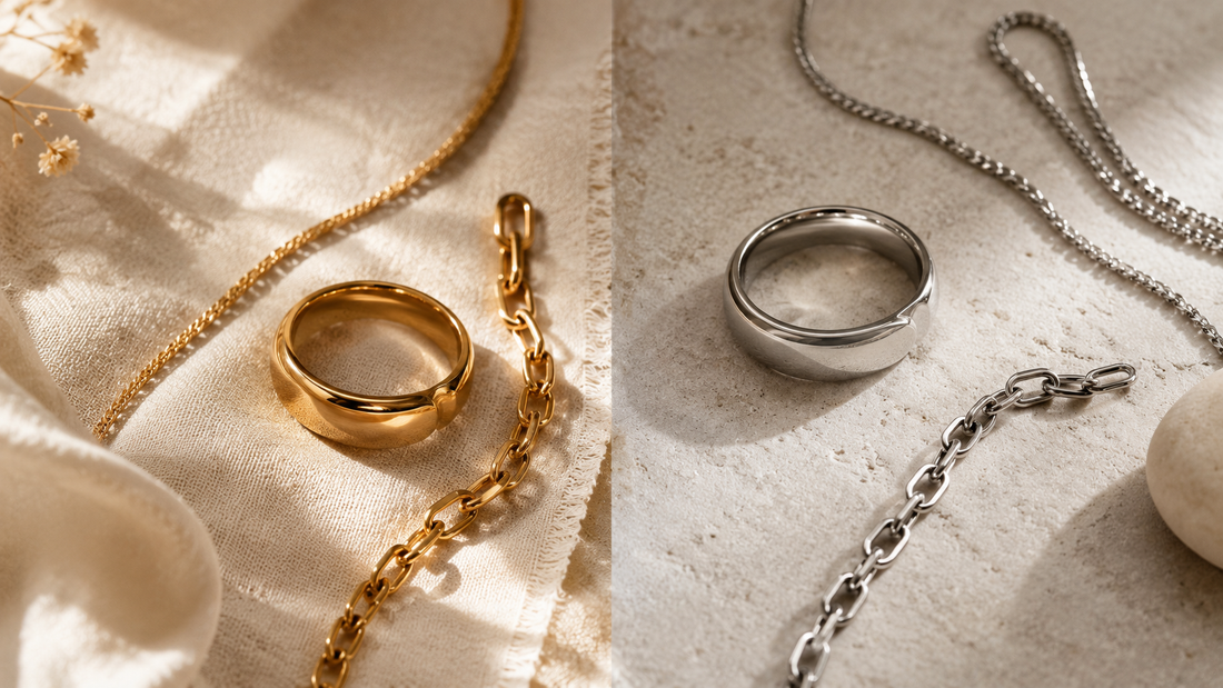 Side-by-side comparison of brass jewelry and stainless steel jewelry on cream linen surface