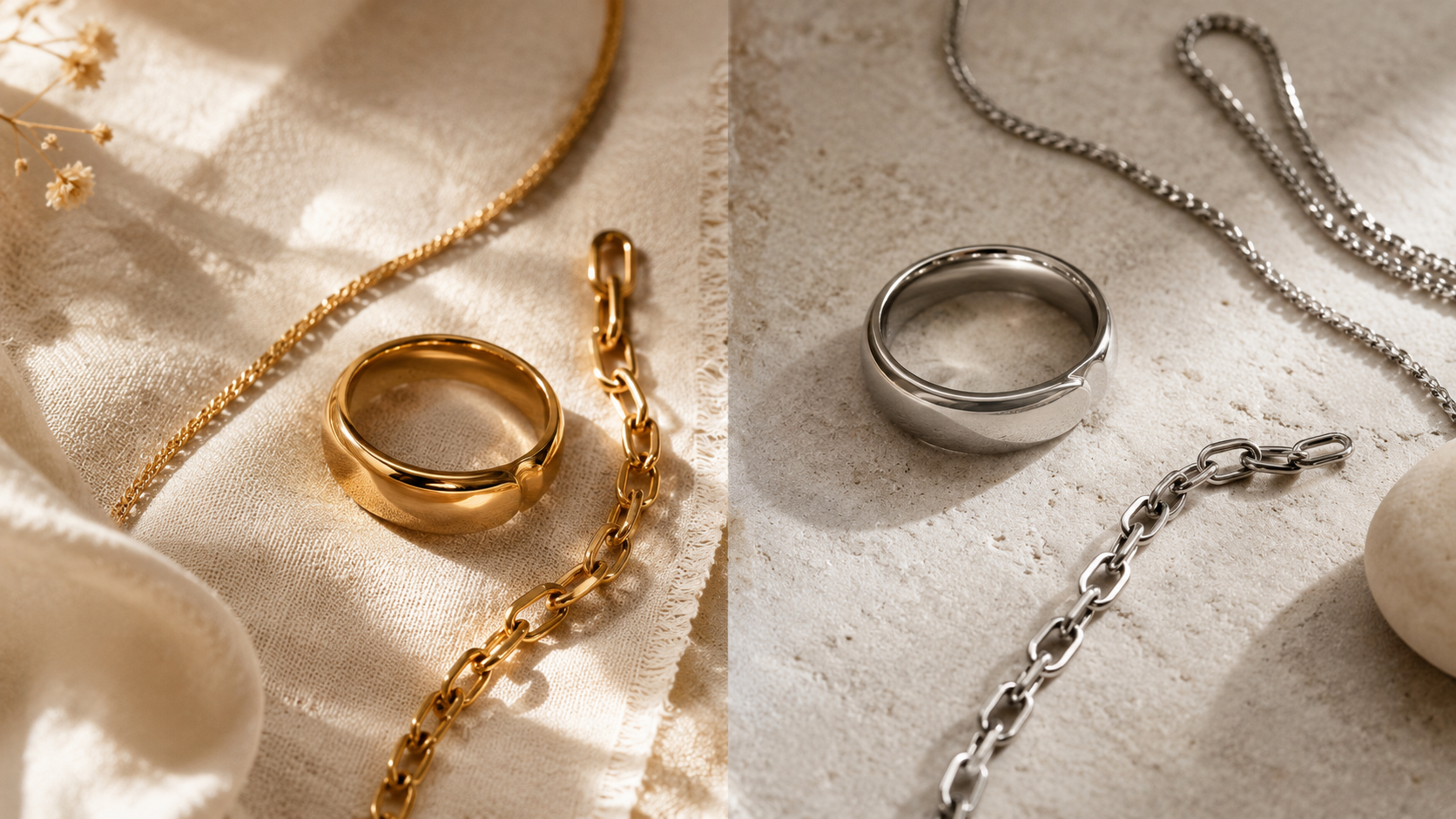 Side-by-side comparison of brass jewelry and stainless steel jewelry on cream linen surface