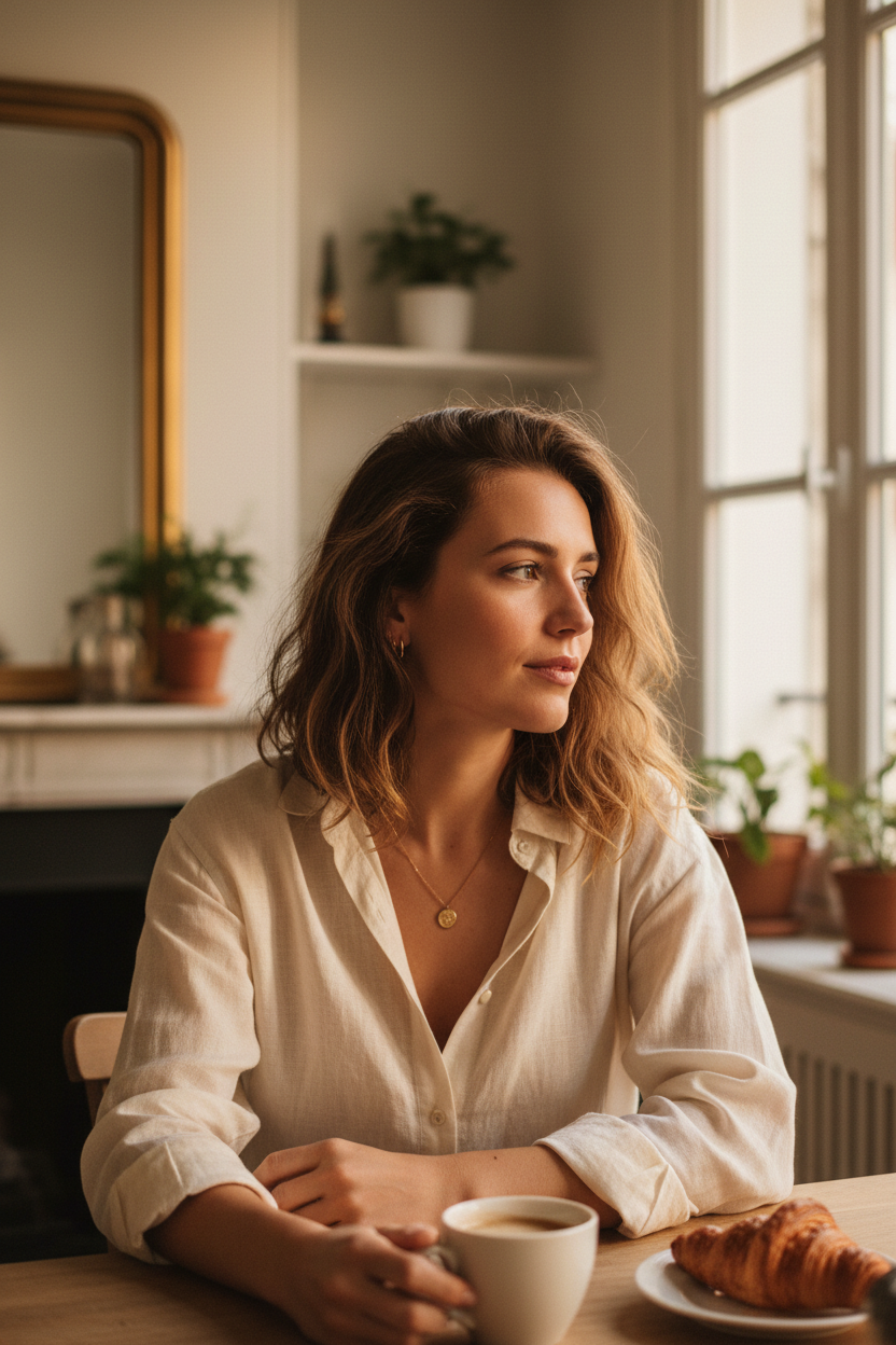 Woman wearing a delicate gold necklace with a cream linen blouse, showing the right necklace length for an open neckline