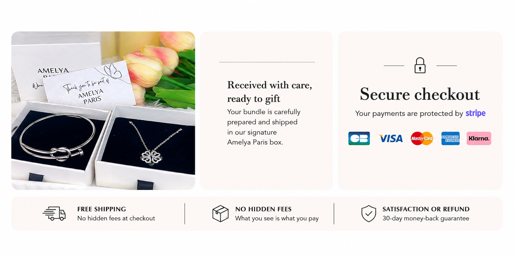 Luxury Amelya Paris checkout reassurance banner featuring secure Stripe payment methods, elegant jewelry gift packaging, free shipping, no hidden fees, and satisfaction guarantee.