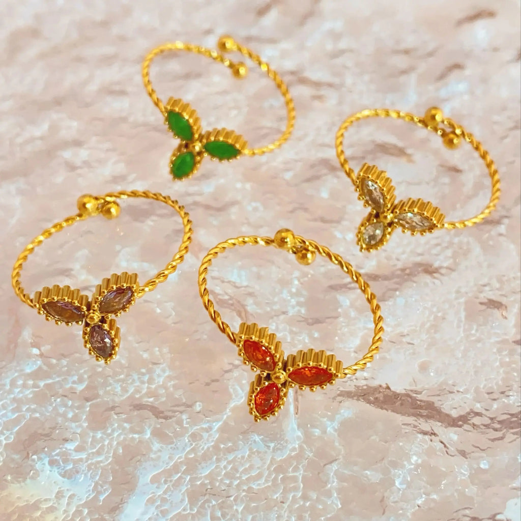 Gold-plated stainless steel ring with colored zircon stones