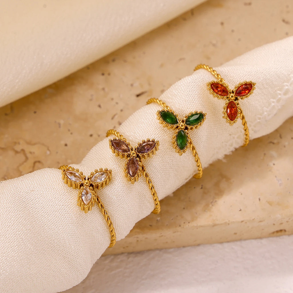 Gold-plated stainless steel ring with colored zircon stones