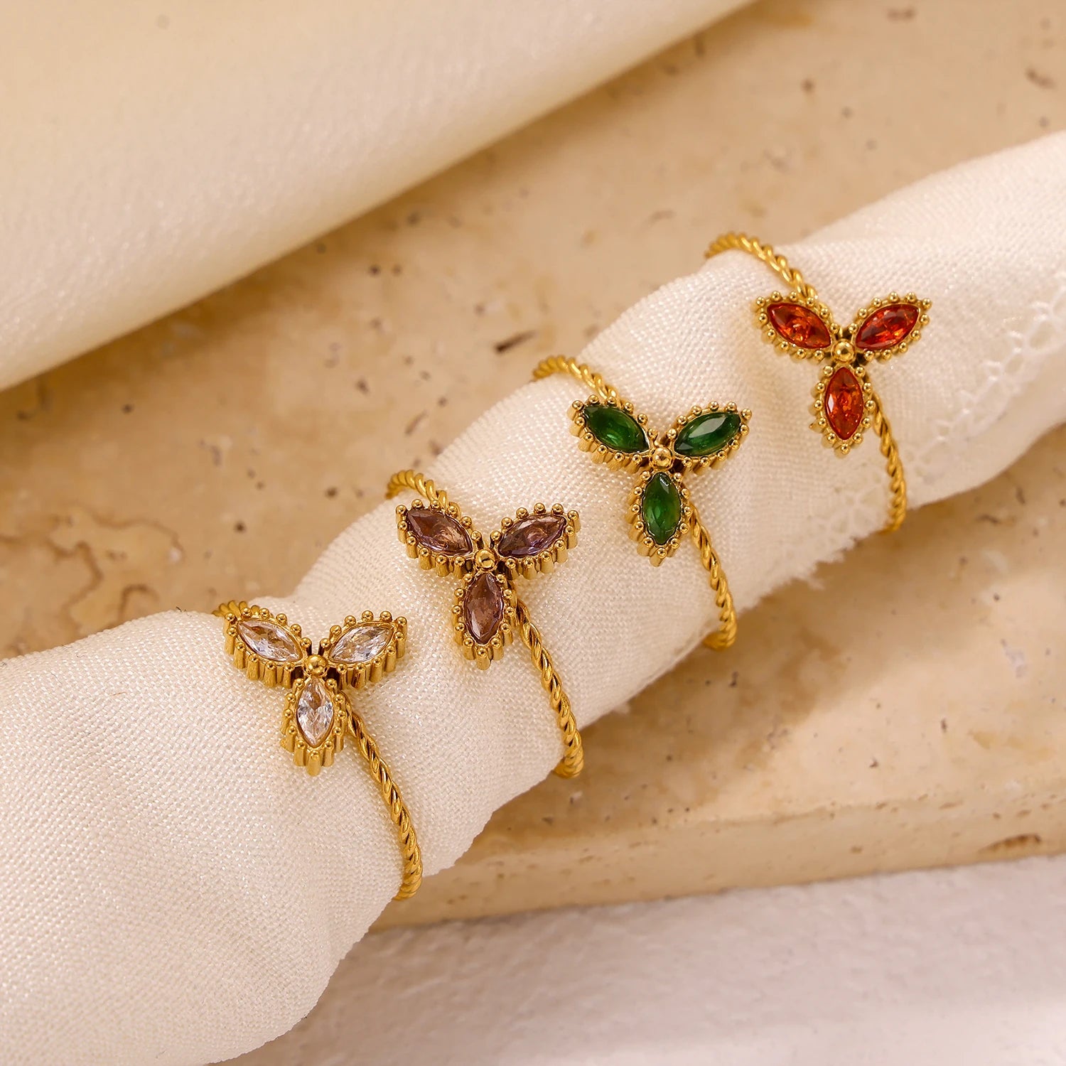 Gold-plated stainless steel ring with colored zircon stones