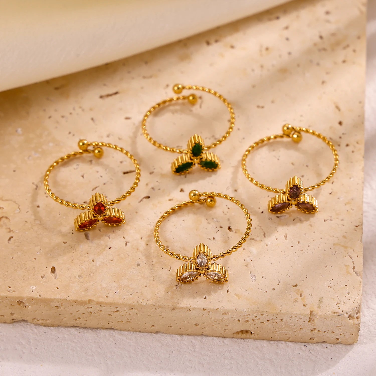 Gold-plated stainless steel ring with colored zircon stones