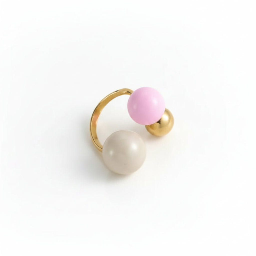 lollipop gold plated ring with pearl and pink sculptural spheres by Amelya Paris