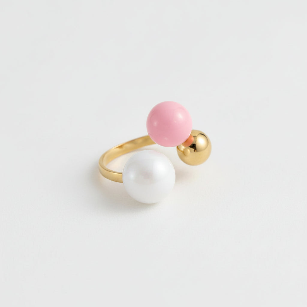 lollipop gold plated ring with white and pink sculptural spheres by Amelya Paris