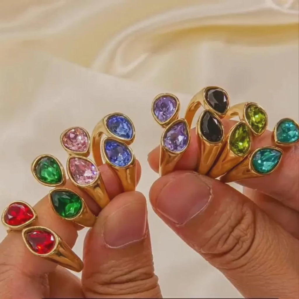Gold-plated stainless steel ring with colored zircon stones