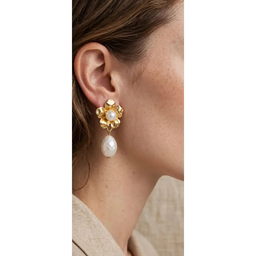 Fleur de Perles gold-tone floral drop earrings with white pearl-inspired details
