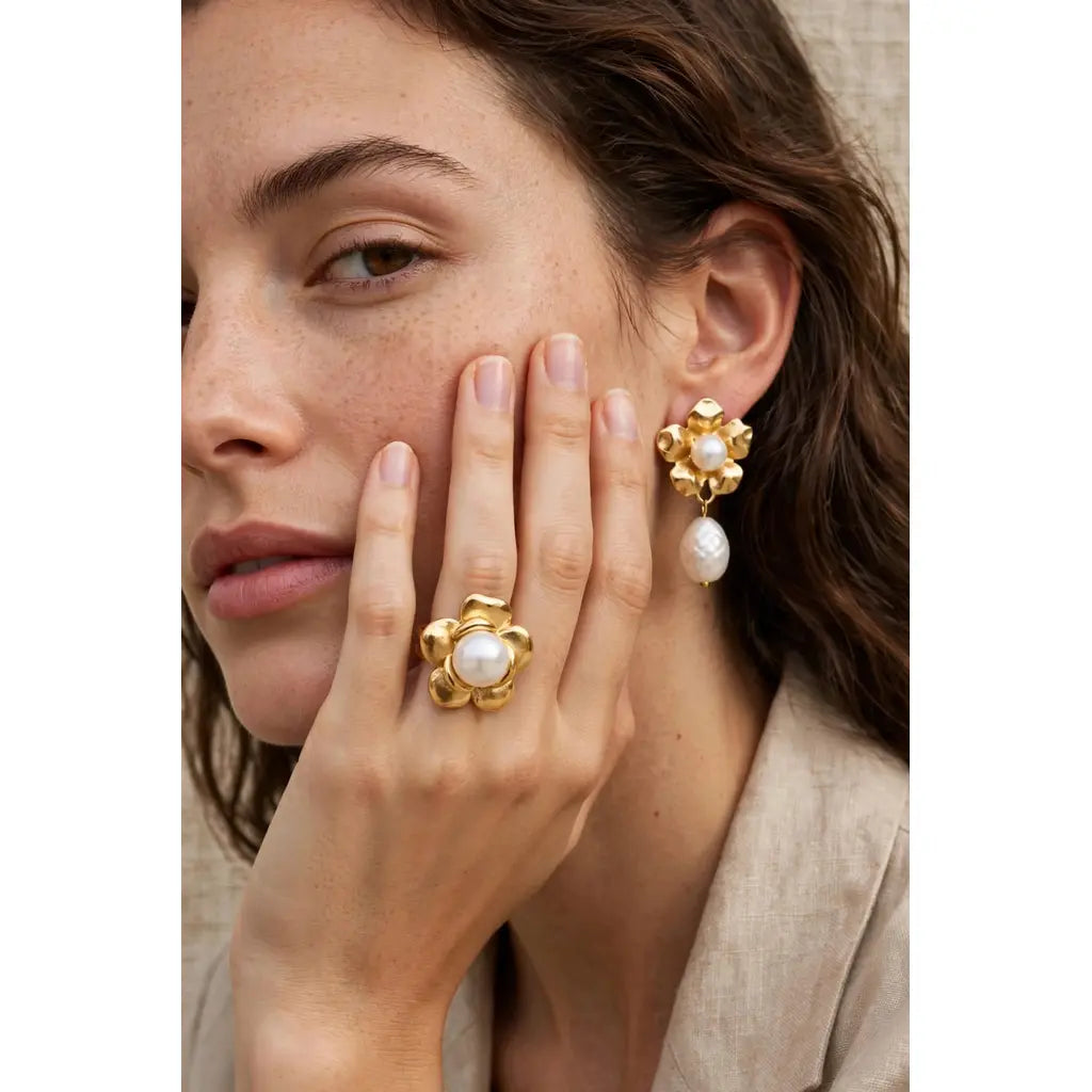 Fleur de Perles floral ring and matching drop earrings worn together